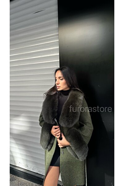 Furora Store Kadın Alpaka ceket- %100 alpaka ve Kürklü Kadın ceket- Kuşaklı P...