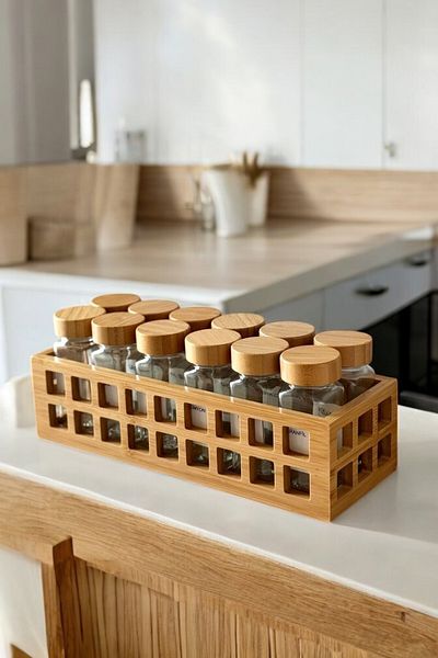 Mirilliahome Set of 12 Bamboo Spice Racks with Bamboo Stand and Bamboo Lids – with Labels
