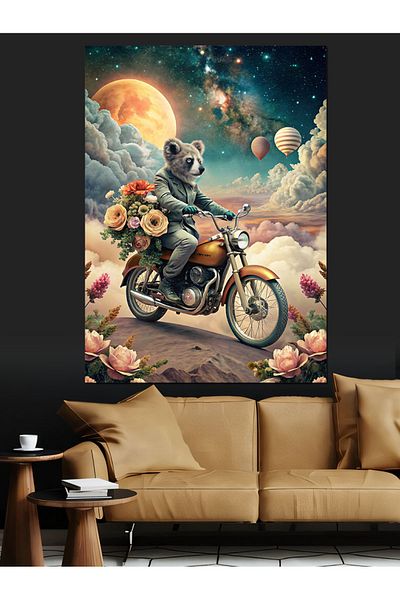 Tablomega Pânză decorativă Koala care conduce o motocicletă retro - Pictură din lemn MDF