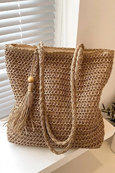 FASHION COCKTAIL Ημιάκαμπτο Ψάθινο - Τετράγωνο Εισαγόμενο Παραθαλάσσιο Τσάντα Διακοπών με φερμουάρ και τσέπες