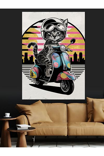 Tablomega Pânză decorativă Pisica care conduce motocicletă - Lemn MDF