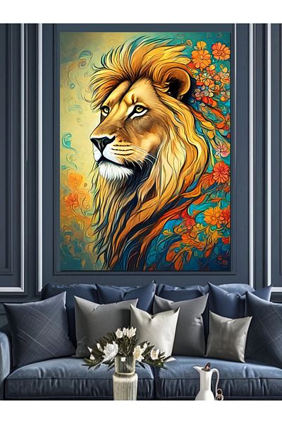 Tablomega Pânză decorativă cu leu colorat înflorit - Lemn MDF
