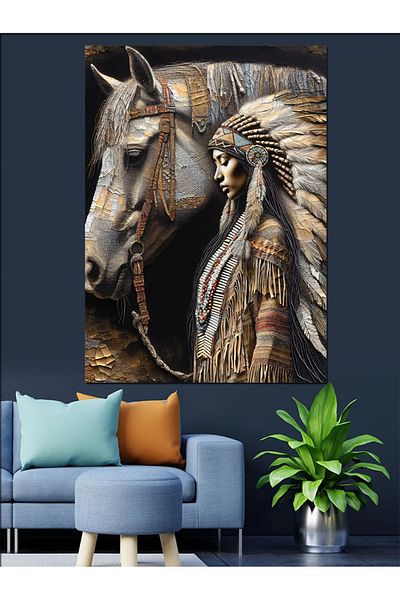 Tablomega Pânză decorativă pentru cal și fată indiana - pictură din lemn MDF