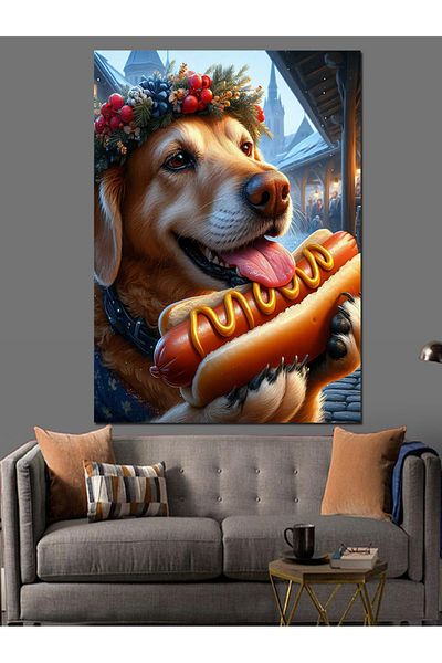 Tablomega Câinele care mănâncă hotdog Pânză decorativă - Lemn MDF