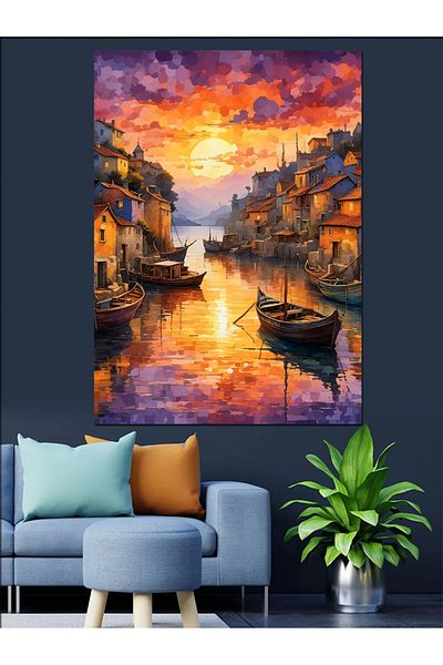 Tablomega Διακοσμητικός καμβάς Retro City And Boats - Ξύλινος πίνακας MDF