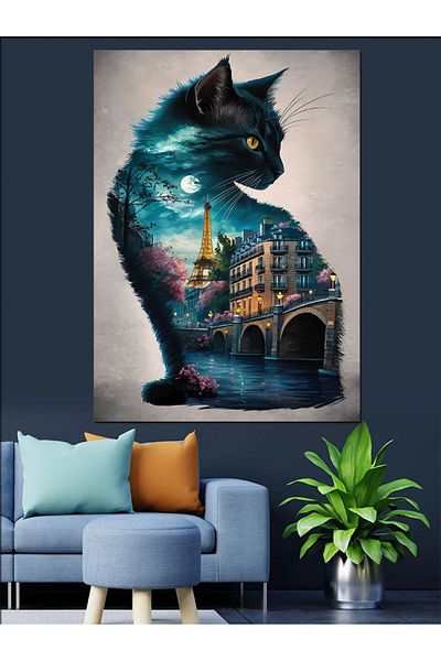 Tablomega Pânză decorativă Paris și pisica neagră - Lemn MDF