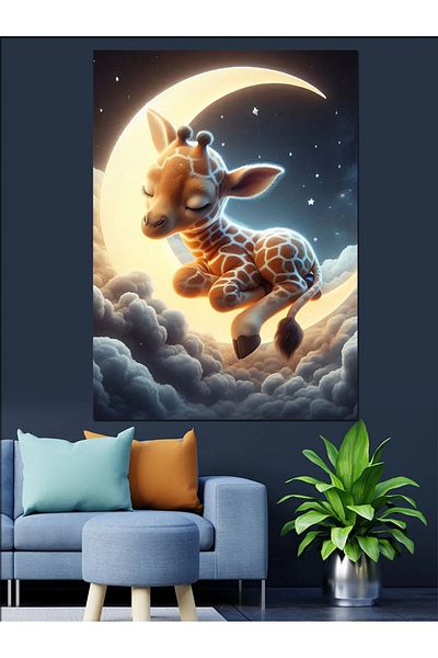 Tablomega Pânză decorativă cu girafă drăguță și lună - pictură din lemn MDF