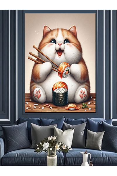 Tablomega Pânză decorativă Pisica care mănâncă sushi - Lemn MDF