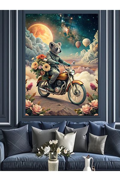 Tablomega Pânză decorativă Koala care conduce o motocicletă retro - Pictură din lemn MDF