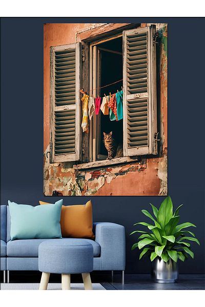 Tablomega Pânză Decorativă Pisica în fereastră - Lemn MDF