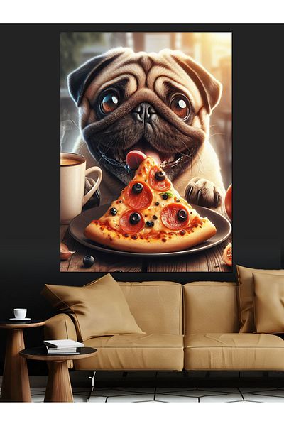 Tablomega Pug Dog Munching Pizza Canvas Decorativ - Lemn MDF Pictat