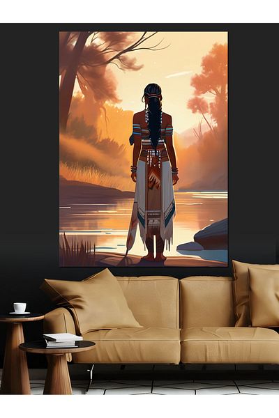 Tablomega Pânză decorativă pentru femeie indigenă orientată spre lac - pictură din lemn MDF