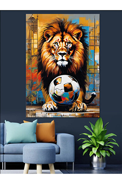 ekart Aslan Ve Futbol Topu Dekoratif Kanvas - Mdf Ahşap Tablo