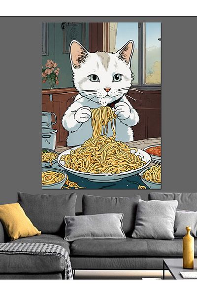 Tablomega Pânză decorativă Afacan Cat și Spaghetti Pasta - Lemn MDF