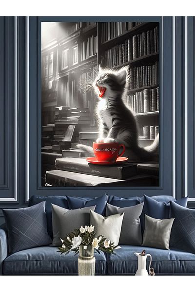 Tablomega Pânză decorativă Stretching Cat And Cup - MDF Wood Table