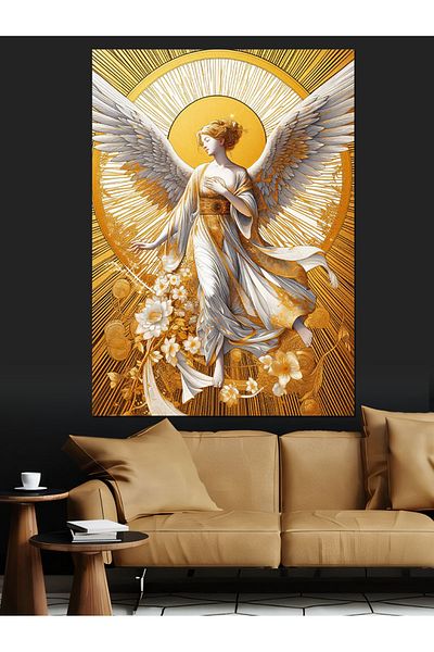 Tablomega Pânză decorativă pentru femei cu înger cu aripi de aur - pictură din lemn MDF