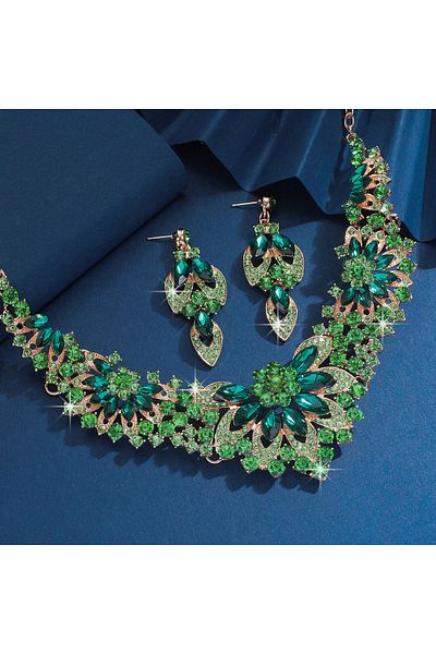 Choice 808344-green 3pc Women's Wedding Season Fashion Luxury Flower Necklace Earrings Jewelry Set Suitable