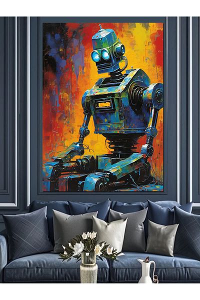 Tablomega Pânză decorativă robot fundal colorat - masă din lemn MDF