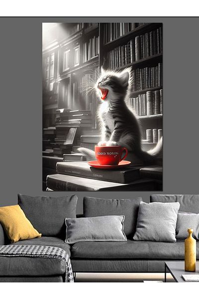 Tablomega Pânză decorativă Stretching Cat And Cup - MDF Wood Table