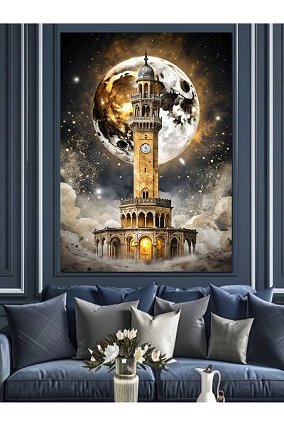 Tablomega Διακοσμητικός καμβάς Izmir Clock Tower And Full Moon - Ξύλινος πίνακας MDF