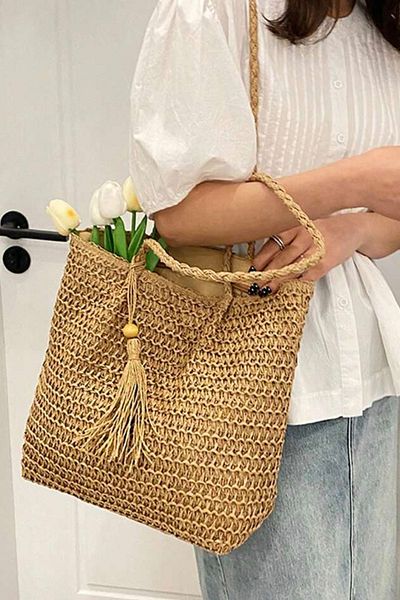 FASHION COCKTAIL Ημιάκαμπτο Ψάθινο - Τετράγωνο Εισαγόμενο Παραθαλάσσιο Τσάντα Διακοπών με φερμουάρ και τσέπες