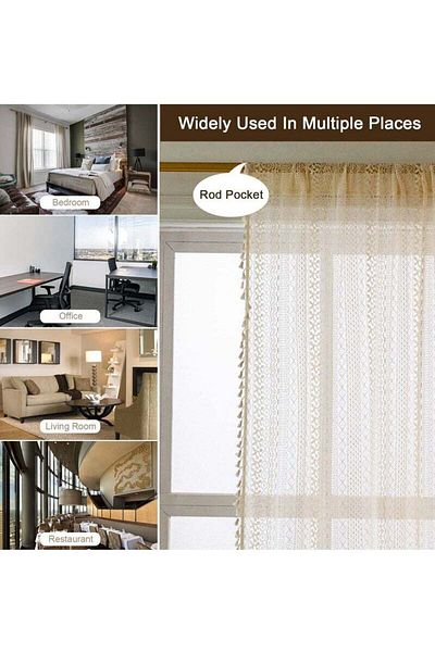 COOYA One Piece 59x63 Inch Beige Lace Cotton Curtains with Semi-Shade and Bohemian Trim for Bedroom