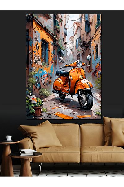 Tablomega Scooter Retro Portocaliu Motocicletă Pânză Decorativă - Lemn MDF Pictat