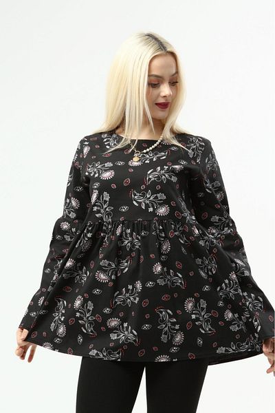 LadyMina Pijama Cămașă Ladymina cu Motive de Flori Negru