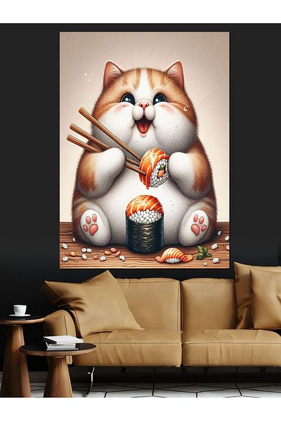 Tablomega Pânză decorativă Pisica care mănâncă sushi - Lemn MDF
