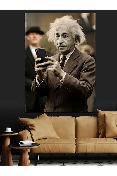 Tablomega Albert Einstein și telefon pânză decorativă - pictură din lemn MDF