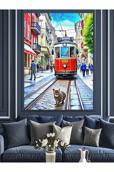 Tablomega Tramvai și pisică pe pânză decorativă Taksim - Lemn MDF