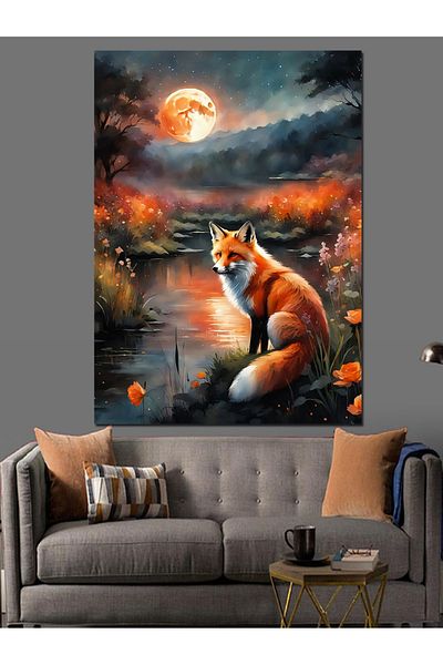 Tablomega Pânză decorativă Full Moon And Fox - Lemn MDF