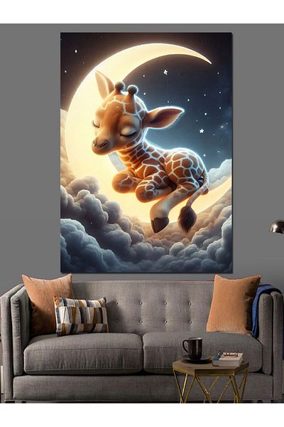 Tablomega Pânză decorativă cu girafă drăguță și lună - pictură din lemn MDF