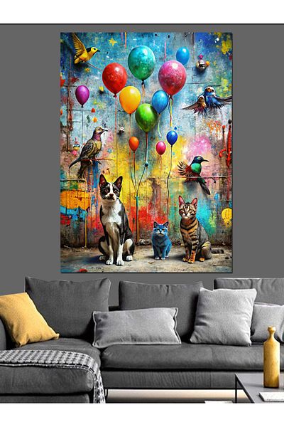 Tablomega Pânză decorativă cu baloane colorate și animale - Lemn MDF
