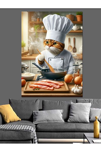Tablomega Pânză decorativă Cat Cooking Meat - Lemn MDF