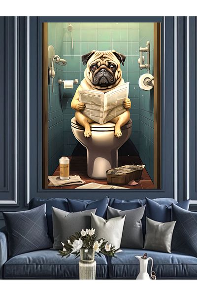 Tablomega Διακοσμητικός καμβάς Pug Dog που διαβάζει εφημερίδα στην τουαλέτα - Ξύλινο MDF