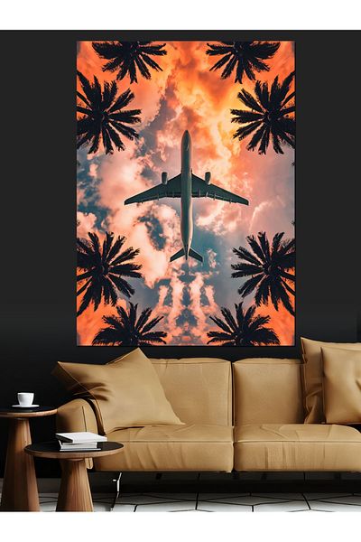 Tablomega Pânză decorativă cu palmieri și avion - pictură din lemn MDF