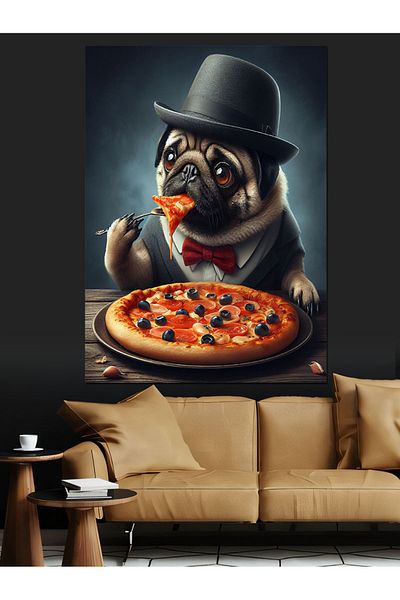 Tablomega Pug Dog Munching Pizza Canvas Decorativ - Lemn MDF Pictat