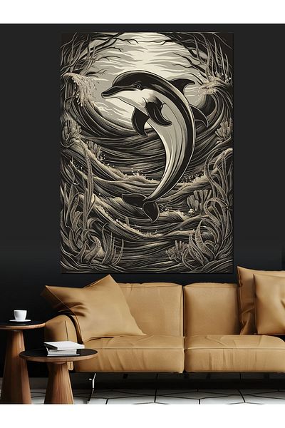 Tablomega Pânză decorativă Black White Dolphin Dolphine - Lemn MDF