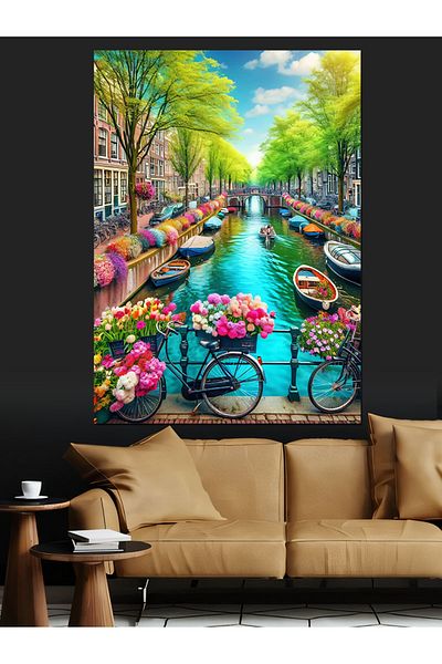 Tablomega Amsterdam Floral Bicycles Canvas Decorativ - MDF Lemn