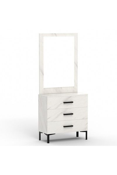 Mahmayi Dresser with Large Vanity Mirror and 3 Storage Drawers - White Levonto Marble