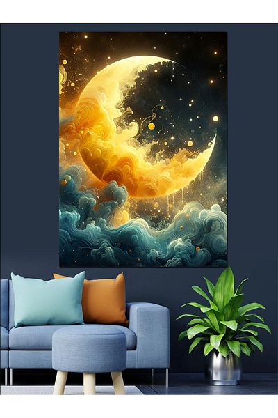 Tablomega Pânză decorativă abstractă nori și lună - pictură din lemn MDF
