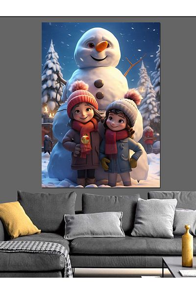 Tablomega Διακοσμητικός καμβάς Snowman And Kids - Ξύλινος πίνακας MDF