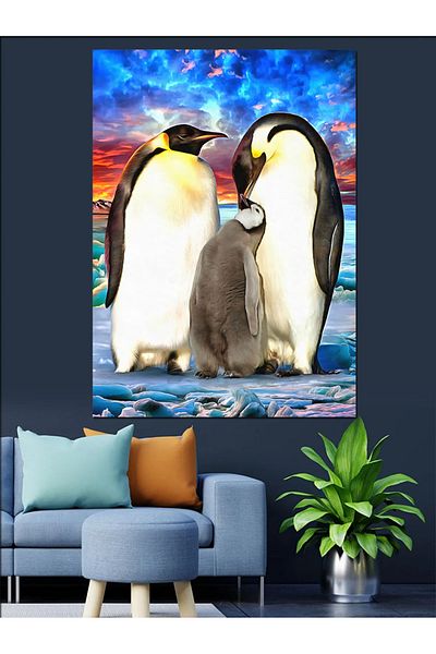 Tablomega Διακοσμητικός καμβάς Cute Penguin Family - Ξύλινος πίνακας MDF