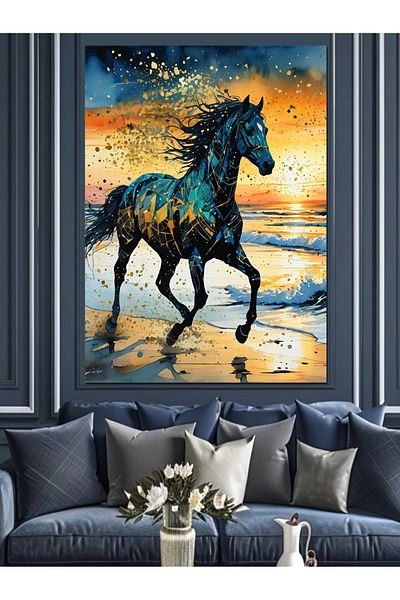 Tablomega Cai negru și fundal abstract Canvas decorativ - Lemn MDF