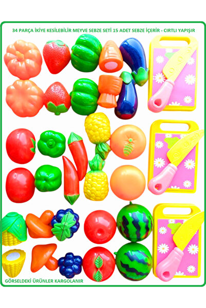 OYUNCAKSAHİLİ Meyve Sebze ikiye Kes 34 Parça Oyuncak Cırtlı 15 Sebze 3 Tahta ...