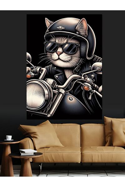 Tablomega Pânză decorativă Pisica care conduce motocicletă - Lemn MDF