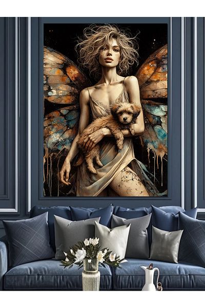 Tablomega Pânză Decorativă Femeie Cu Aripă De Câine și Fluture - Lemn MDF