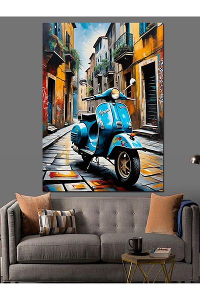 Tablomega Pânză Decorativă Retro Albastru și Scooter Motocicletă - Lemn MDF