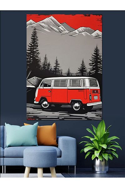 Tablomega Pânză Decorativă Minibus Roșu Retro - Lemn MDF